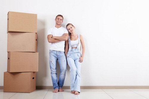 Moving van and packed boxes prepared for a house removal in West Hampstead