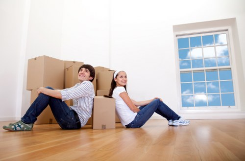 Packed boxes and furniture ready for a house move in West Hampstead