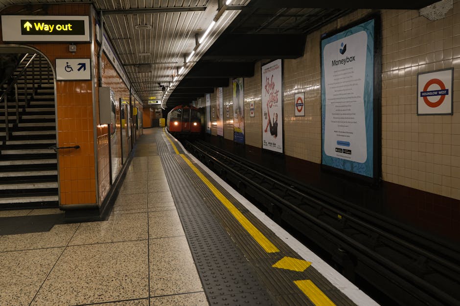 A woman dressed in a beige coat and black trousers stands outside the entrance of Hanwell station, which features a black canopy with the station name in white lettering on a blue background. The stat
